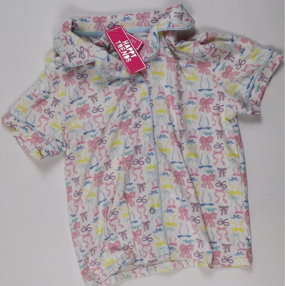 Happy Trends Pajama Top Bow Print White Pink Large 10/12 NWT